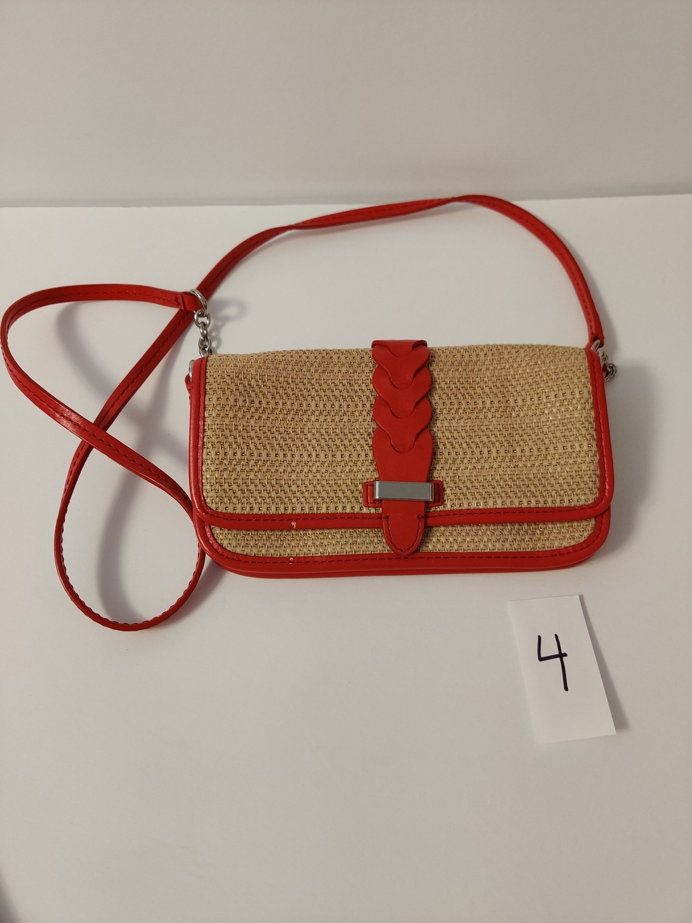 Cole Haan Straw Crossbody Bag with Leather Red Trim